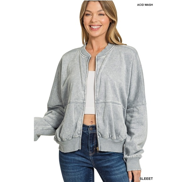 Zenana Outfitters Jackets & Blazers - Zenana Sleet‎ Acid Wash Fleece Bomber Jacket